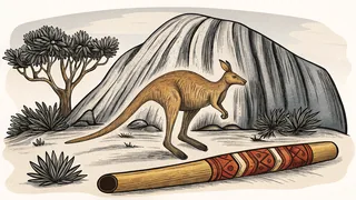Aboriginal artifacts and a kangaroo before the iconic Uluru rock formation.