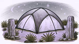 An ancient tent in a desert beneath a starlit sky with a stone altar nearby.
