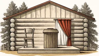 A tall stovepipe hat rests on a wooden chair beside a log cabin and an empty lectern.
