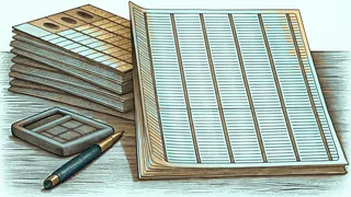 Financial documents and calculation tools illustrate accounting and business record-keeping.