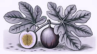A cut fig and a whole fig among broad fig leaves.