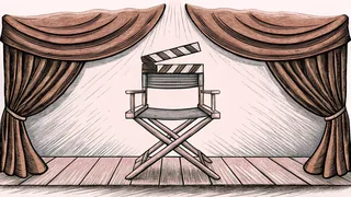 A director's chair and blank clapper board positioned in front of a deep red theater curtain.