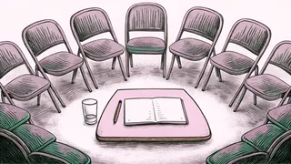 A circle of empty chairs surrounds a blank notepad and a glass of water.