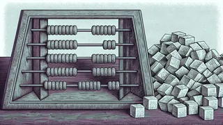 A wooden abacus strung with colored beads sits beside a heap of counting cubes on a table.