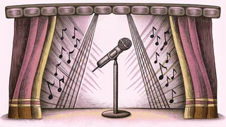 A microphone stands on a concert stage beneath dramatic purple and gold stage lighting with floating musical notes.