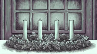 A purple advent wreath with four candles, one of them lit, sits on a table by a frosted window.