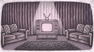 A vintage television with rabbit-ear antennae faces a mid-century sofa and side table on a patterned living room rug.