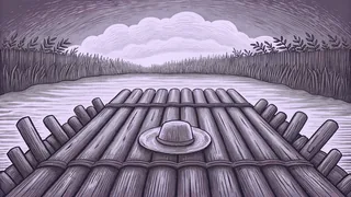 A wooden raft drifts on a wide river beside a picket fence and a straw hat.