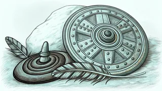 A spinning top beside a feather drifting down toward a snail resting on a stone.
