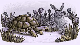 A tortoise and hare racing across a sunny meadow with blooming wildflowers.