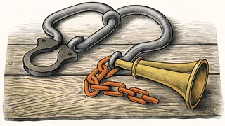 A heavy wrought iron shackle and a brass trumpet resting on worn timber.