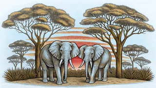 Elephants and acacia trees framed against an African savanna sunset sky.