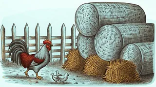 Roosters and cattle stand in a working farm yard with composted soil and cultivated land.