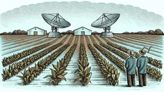 Agricultural satellites monitoring crops over fields with sensor technology and digital mapping displays visible.