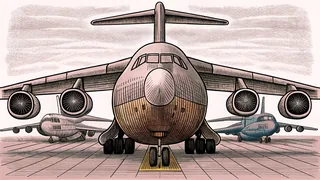 A large cargo aircraft sits on a runway beside a sleek military jet at an active airfield.