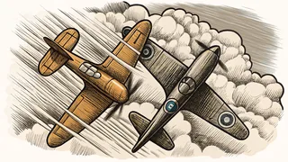 A Spitfire and Messerschmitt clash in dramatic aerial dogfight among the clouds.