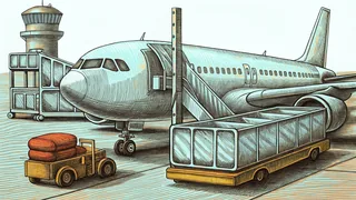 Airport scene with aircraft, ground equipment, and control tower