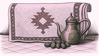 A woven tapestry hangs beside a brass teapot and dates on a sunlit tiled floor.