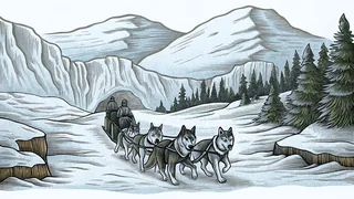 A dog sled team racing through snow-covered Alaskan mountains and glacial terrain.