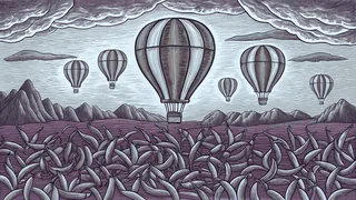 Colorful hot air balloons floating over red chile fields beneath mountains.