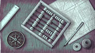 Desktop arrangement with abacus, compass, ruler, and mathematical notes.