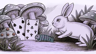 A white rabbit hops through a mushroom garden toward playing card soldiers.