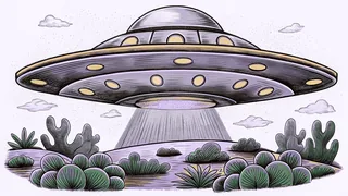 Silver flying saucer suspended above desert landscape against a backdrop of distant stars.