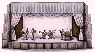 A jazz band performing with saxophones, bass, drums, and piano on stage.