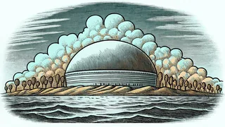 Scientific visualization of matter states: ice, water, and steam with atoms.