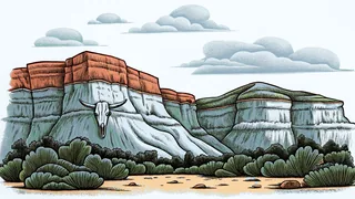 A dramatic canyon landscape with red rock formations and desert vegetation.