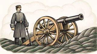 A soldier in Civil War uniform positioned near an antique cannon.