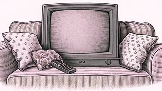 A television set and remote sit on a table beside a comfortable upholstered sofa.
