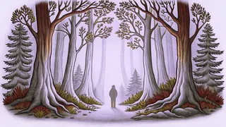 A mysterious silhouette lurks at the edge of a dense, shadowy forest at dusk.