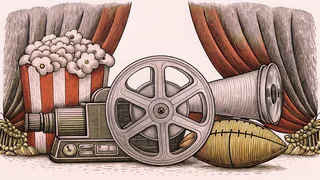 A film canister and projector sit beside a football and white yard line.