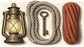 A brass lantern and a cast iron key nested in a coiled rope, with a second coil alongside.