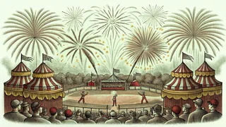 Red, white, and blue fireworks bursting over a festive carnival with crowds gathered below celebrating.