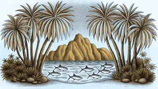 Tropical Samoan islands rise from turquoise waters with pandanus palms along white sand beaches.