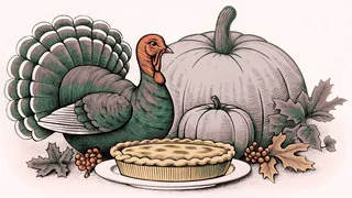 A roasted turkey and pumpkin pie centered on a wooden table surrounded by fall harvest vegetables.