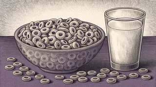 Popular breakfast cereals poured into a bowl with milk