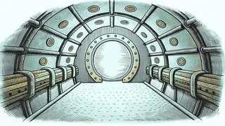 A shadowy spacecraft corridor lined with riveted pipes and a glowing lamp.