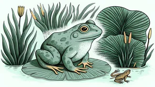 A frog sitting on a lily pad with a newt and salamander in peaceful pond water.