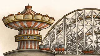 A carousel and bumper cars spin beneath a brightly lit roller coaster at dusk.