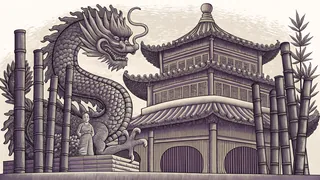 Jade dragon figure positioned above a terracotta warrior standing before an ornate pagoda surrounded by bamboo.