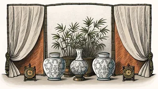 Ancient Chinese court with porcelain, silk, bamboo, and artifacts.