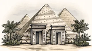 Ancient pyramids stand in the desert near weathered stone tablets with hieroglyphics.