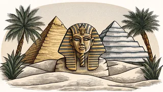 Ancient Egyptian monuments with the Great Sphinx and golden treasures.