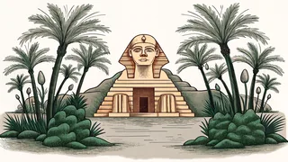 An ancient Egyptian landscape with sphinx, Nile River, papyrus plants, and tomb architecture.