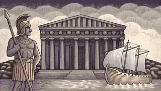 Greek hoplite warrior positioned before the majestic Parthenon temple with an ancient trireme sailing below.