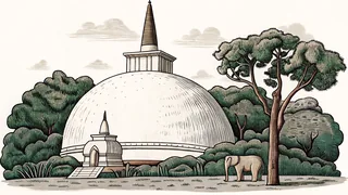 An elephant grazes near a domed stupa beside a stone citadel wall.