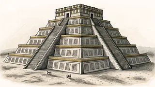 Towering ziggurat with a chariot racing across dusty ground and stone tablets scattered at its base.